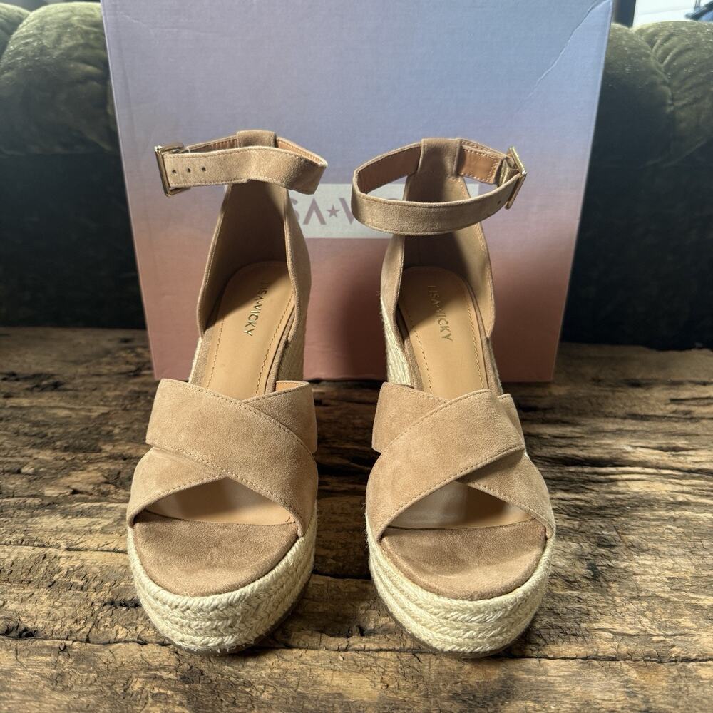 NEW Lisa Vicky Gemi Platform Wedge Sandal Ankle Strap Leather Cognac Womens 7.5